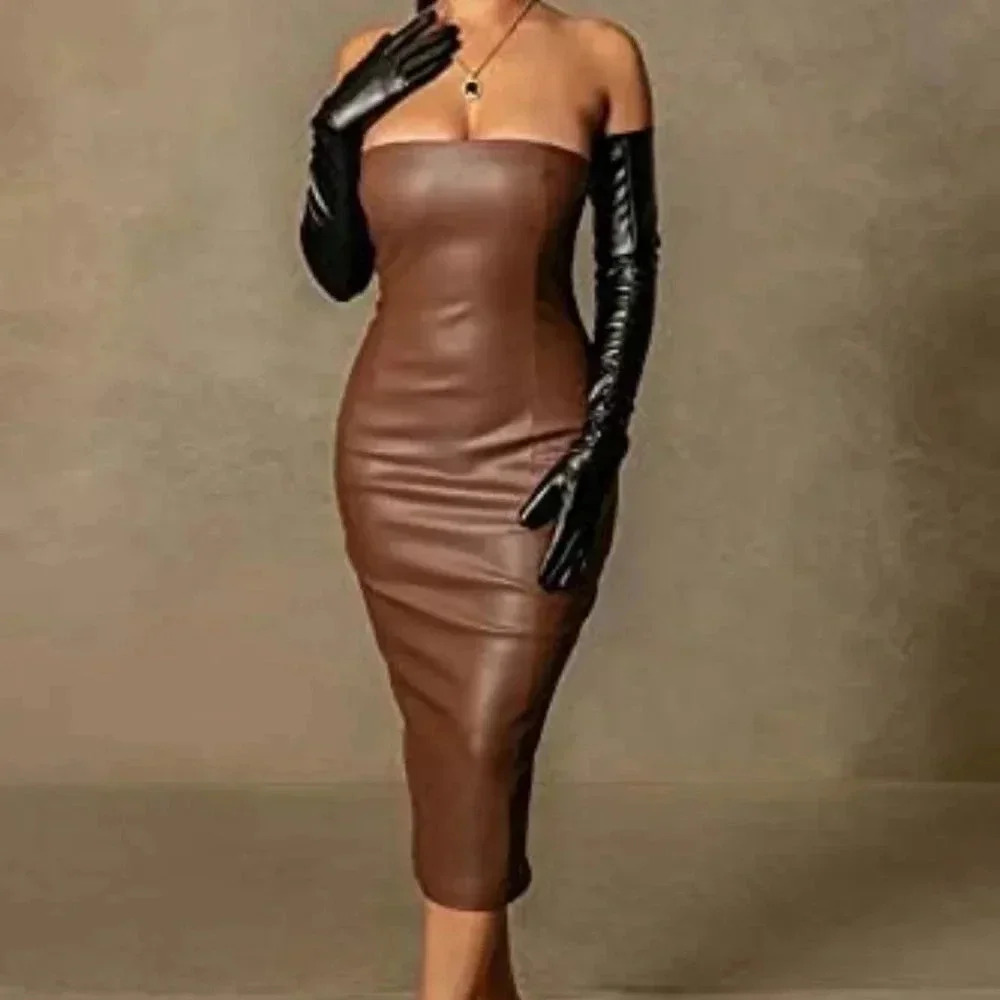 Sexy Strapless Tube Top Club Midi Dress Off Shoulder Bodycon Faux Leather